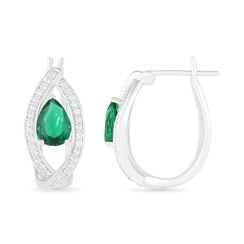 Main Image 3 of Pear-Shaped Lab-Created Emerald and White Sapphire Marquise Orbit Frame Hoop Earrings in Sterling Silver