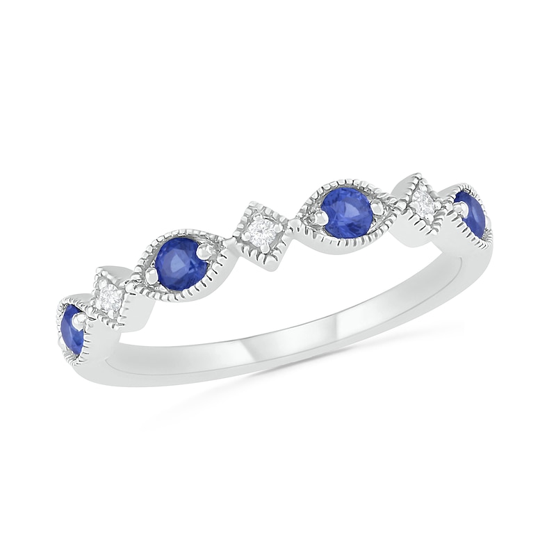 Lab-Created Blue Sapphire and Diamond Accent Alternating Art Deco Vintage-Style Band in 10K White Gold