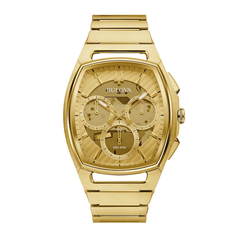 Main Image 1 of Men's Bulova Curv Gold-Tone Chronograph Watch with Tonneau Champagne Skeleton Dial (Model: 97A160)