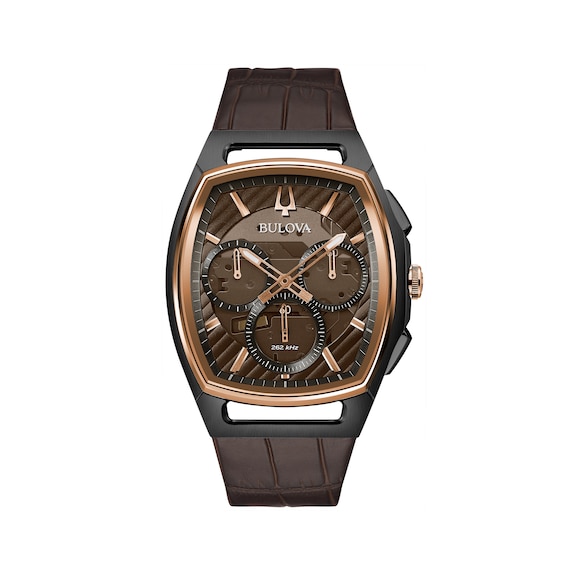 Men's Bulova Curv Two-Tone Chronograph Watch with Tonneau Brown Skeleton Dial (Model: 98A264)