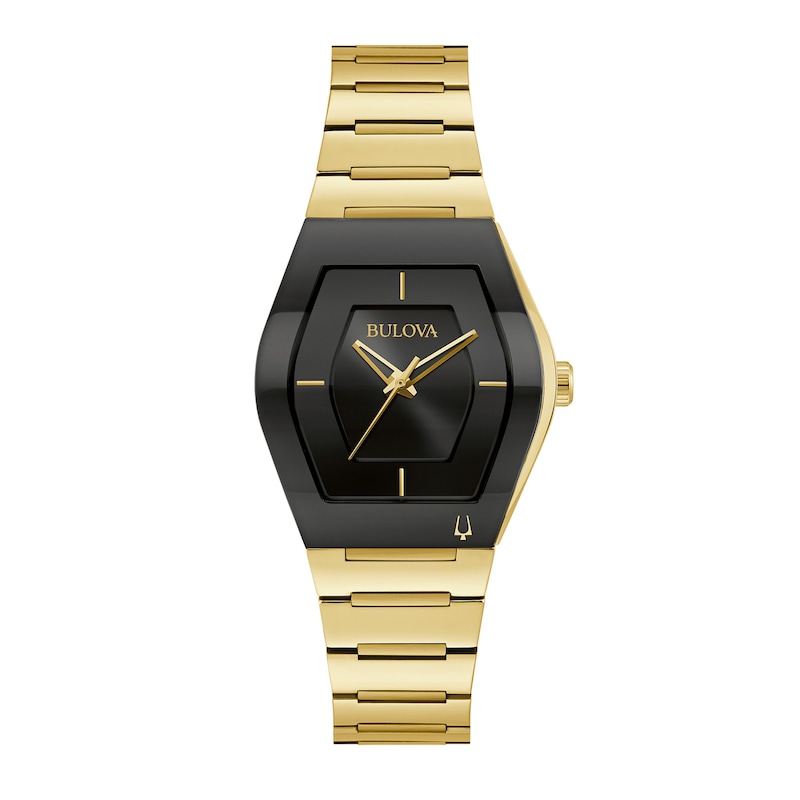 Ladies' Bulova Gemini Gold-Tone Watch with Tonneau Black Dial (Model: 97L164)