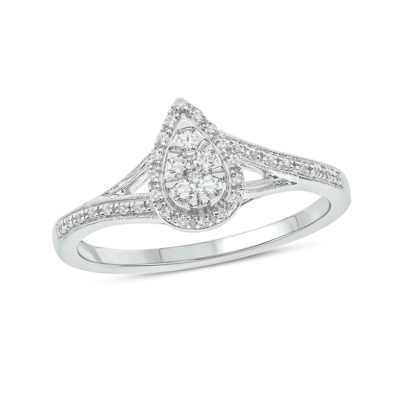 Main Image 1 of 1/5 CT. T.W. Composite Pear Diamond Frame Vintage-Style Split Shank Promise Ring in 10K White Gold
