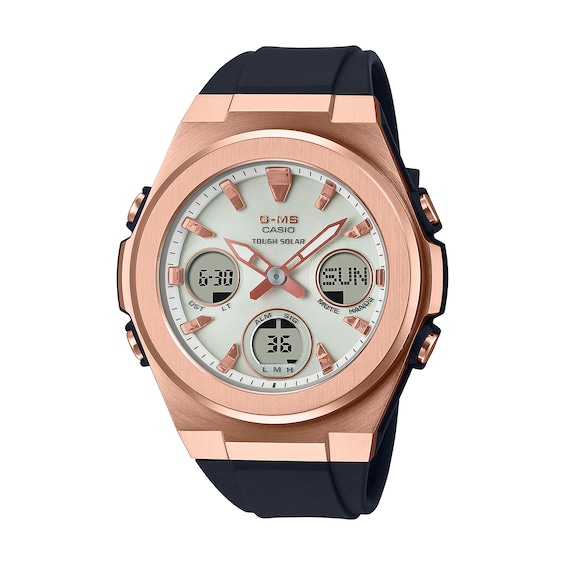 Ladies' Casio G-Shock Chronograph Rose-Tone IP Black Resin Strap Watch with Champagne Dial (Model: Msgs600G-1A)
