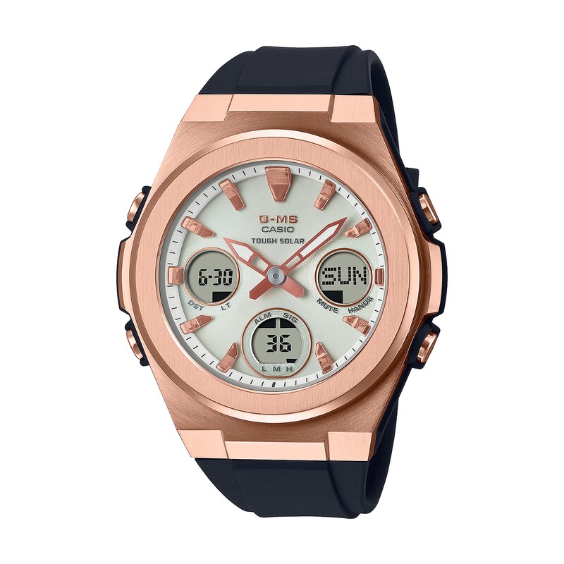 Main Image 1 of Ladies' Casio G-Shock Chronograph Rose-Tone IP Black Resin Strap Watch with Champagne Dial (Model: MSGS600G-1A)