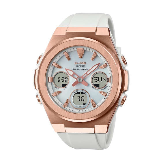 Ladies' Casio G-Shock Chronograph Rose IP White Resin Strap Watch with White Dial (Model: Msgs600G-7A)