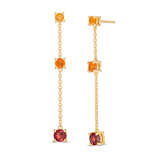 Orange and Red Garnet Graduated Three Stone Station Chain Drop Earrings in Sterling Silver with 14K Gold Plate