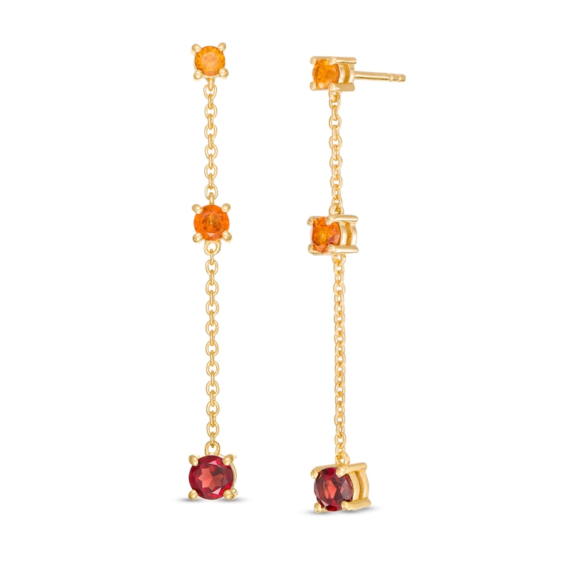 Main Image 1 of Orange and Red Garnet Graduated Three Stone Station Chain Drop Earrings in Sterling Silver with 14K Gold Plate