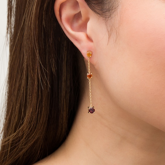 Orange and Red Garnet Graduated Three Stone Station Chain Drop Earrings in Sterling Silver with 14K Gold Plate
