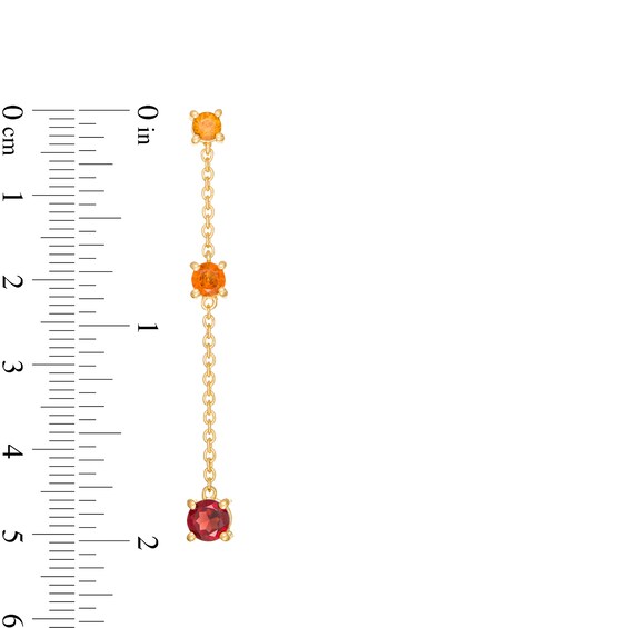 Orange and Red Garnet Graduated Three Stone Station Chain Drop Earrings in Sterling Silver with 14K Gold Plate