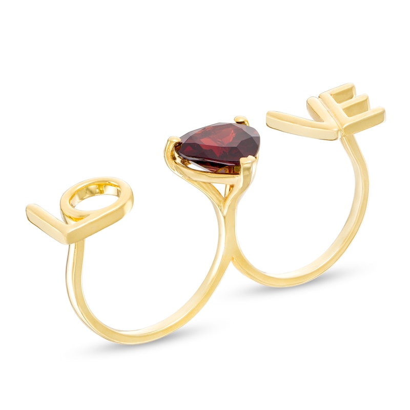 10.0mm Heart-Shaped Garnet "LOVE" Script Ring in Sterling Silver with 14K Gold Plate