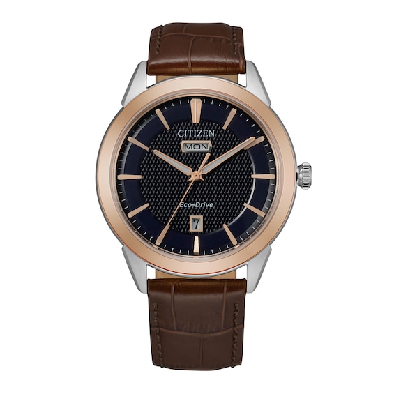 Men's Citizen Eco-Drive® Corso Two-Tone Brown Strap Watch with Navy Blue Dial (Model: Aw0096-06L)