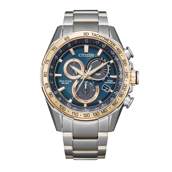 Men's Citizen Eco-DriveÂ® Pcat Satellite Two-Tone Chronograph Watch with Blue Dial (Model: Cb5916-59L)