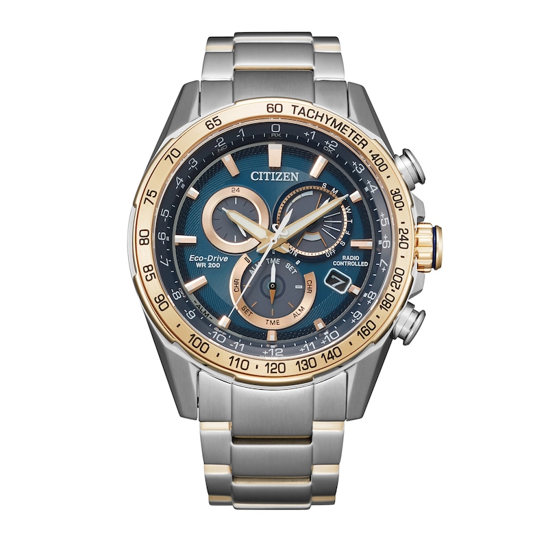 Men's Citizen Eco-Drive® PCAT Satellite Two-Tone Chronograph Watch with Blue Dial (Model: CB5916-59L)