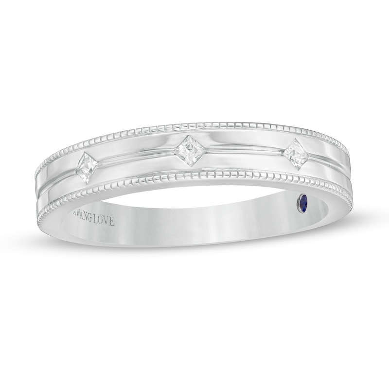 Vera Wang Love Collection Men's 1/10 CT. T.W. Square-Cut Diamond Three Stone Wedding Band in 14K White Gold