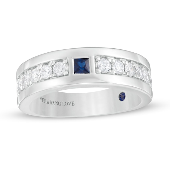 Vera Wang Men's Square-Cut Blue Sapphire and 3/4 CT. T.w. Diamond Wedding Band in 14K White Gold