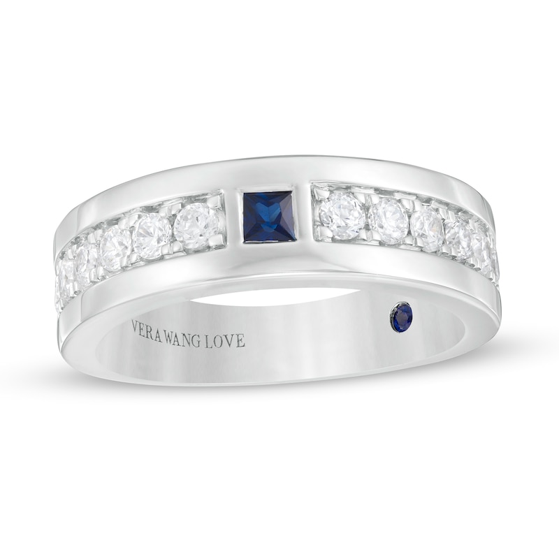 Vera Wang Love Collection Men's Square-Cut Blue Sapphire and 3/4 CT. T.W. Diamond Wedding Band in 14K White Gold