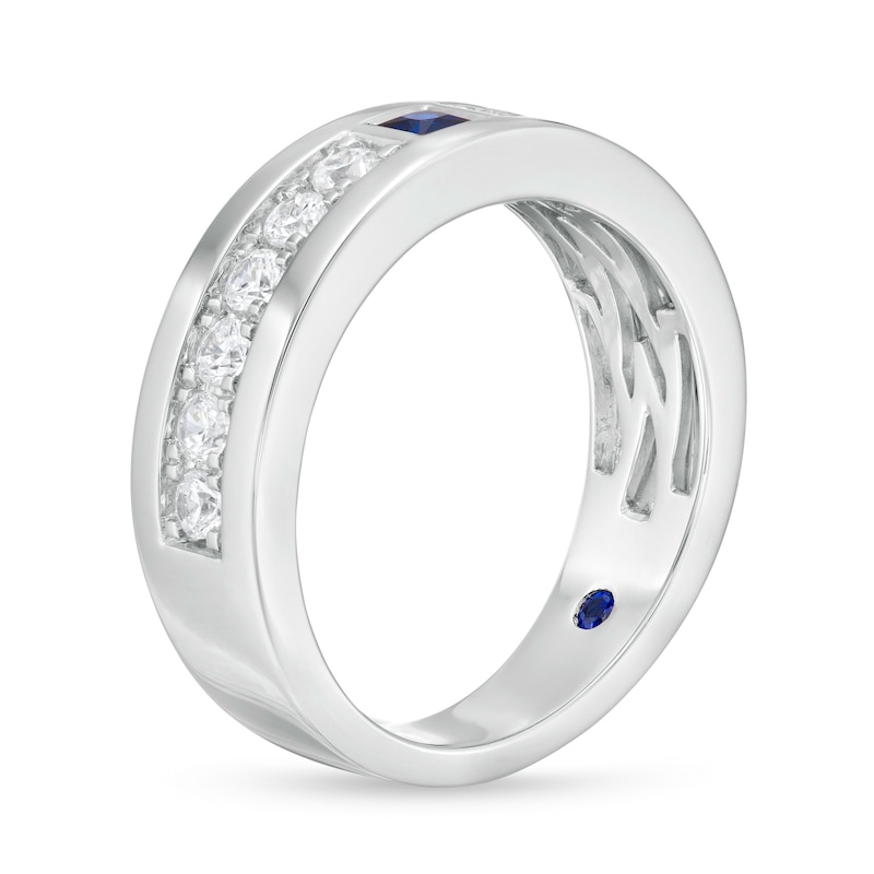 Vera Wang Love Collection Men's Square-Cut Blue Sapphire and 3/4 CT. T.W. Diamond Wedding Band in 14K White Gold