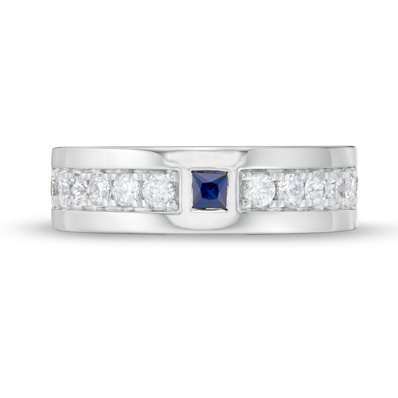 Vera Wang Love Collection Men's Square-Cut Blue Sapphire and 3/4 CT. T.W. Diamond Wedding Band in 14K White Gold