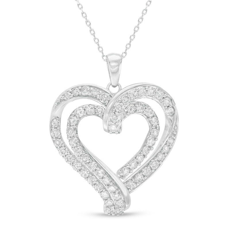 2 CT. T.W. Diamond Double Row Ribbon Heart Pendant in 10K White Gold