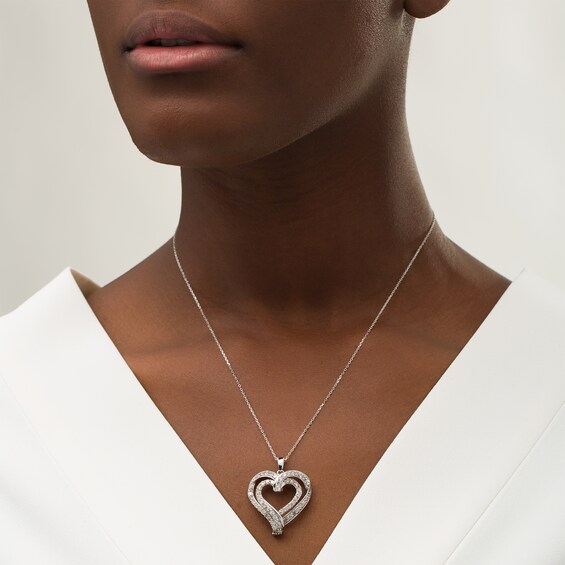 2 CT. T.w. Diamond Double Row Ribbon Heart Pendant in 10K White Gold