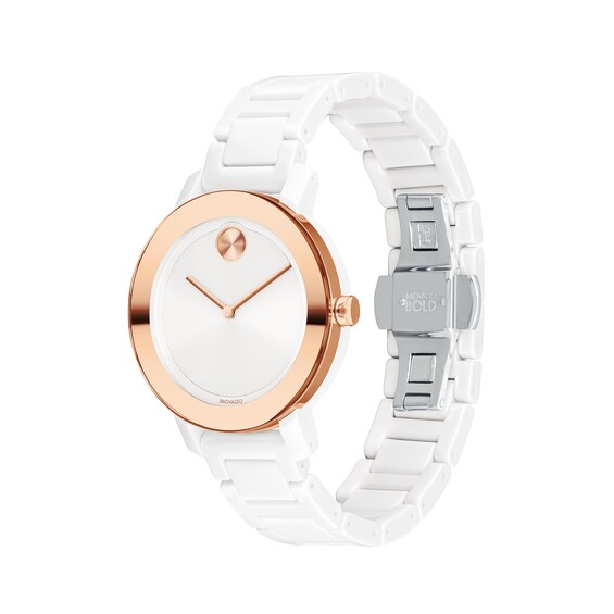 Ladies' Movado Bold® Evolution Rose-Tone IP and White Ceramic Watch with White Dial (Model: 3600753) Ladies' Movado Bold® Evolution Rose-Tone IP and White Ceramic Watch with White Dial (Model: 3600753)