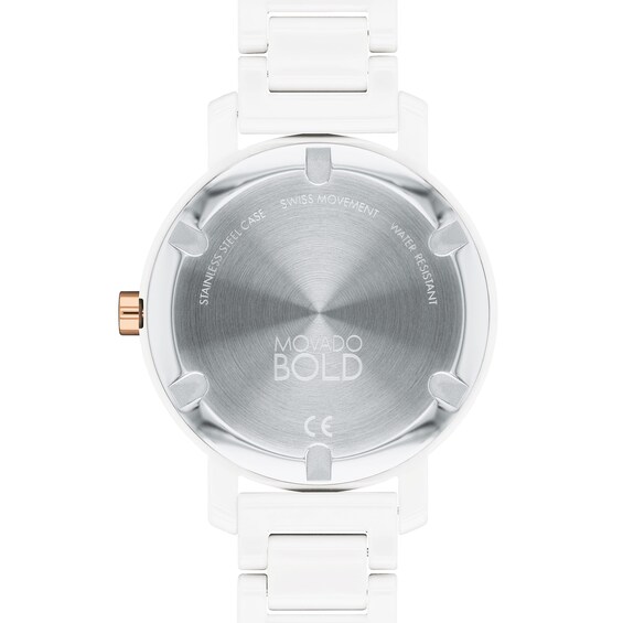 Ladies' Movado Bold® Evolution Rose-Tone IP and White Ceramic Watch with White Dial (Model: 3600753) Ladies' Movado Bold® Evolution Rose-Tone IP and White Ceramic Watch with White Dial (Model: 3600753)