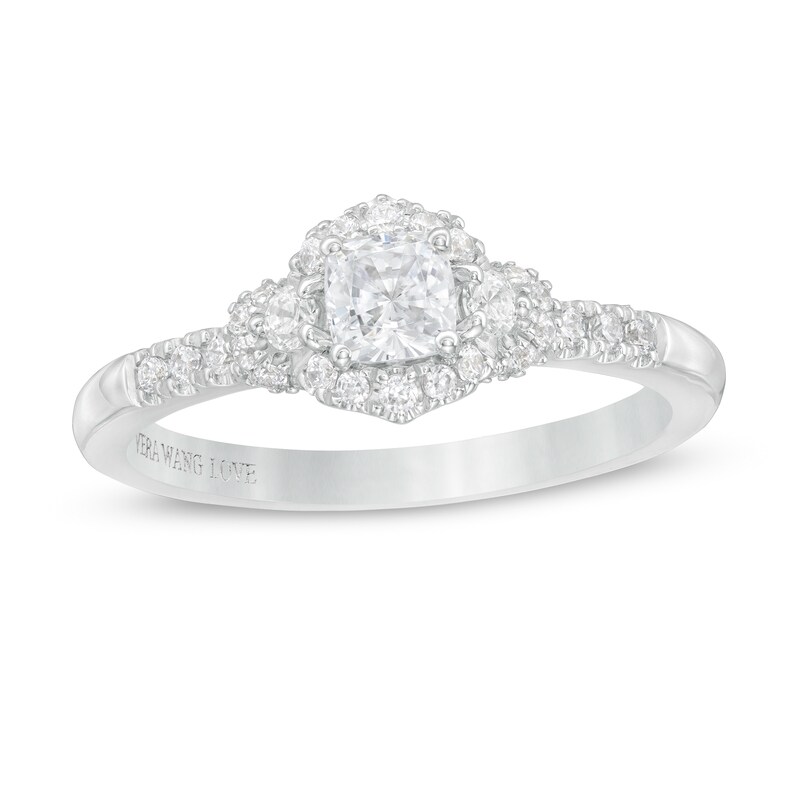Main Image 1 of Vera Wang Love Collection 5/8 CT. T.W. Cushion-Cut Diamond Hexagonal Frame Engagement Ring in 14K White Gold