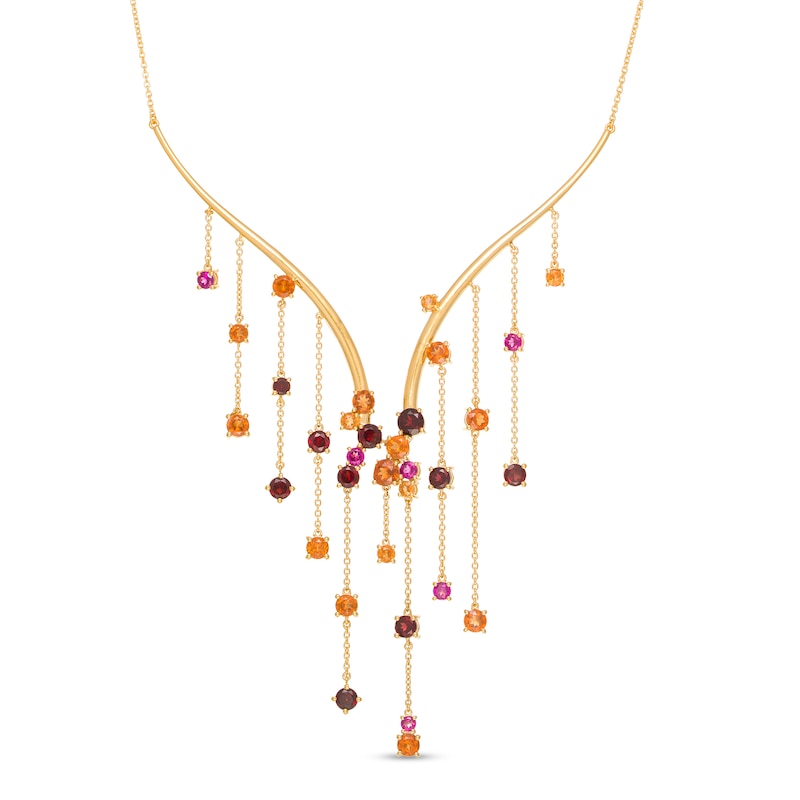 Main Image 1 of Orange and Red Garnet with Rhodolite Garnet Cascading Chain Drop "V" Necklace in Sterling Silver with 14K Gold Plate - 16.5"