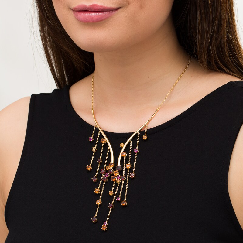 Main Image 2 of Orange and Red Garnet with Rhodolite Garnet Cascading Chain Drop "V" Necklace in Sterling Silver with 14K Gold Plate - 16.5"