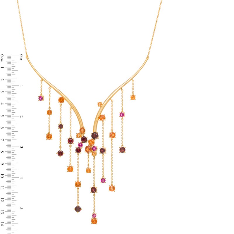 Main Image 4 of Orange and Red Garnet with Rhodolite Garnet Cascading Chain Drop "V" Necklace in Sterling Silver with 14K Gold Plate - 16.5"