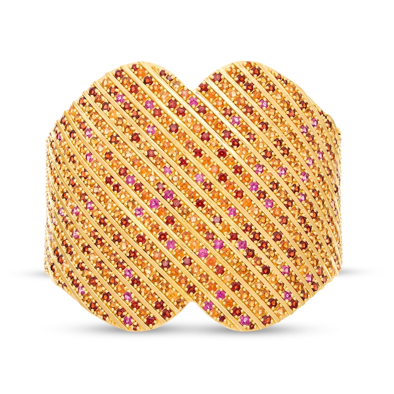 Main Image 1 of Orange and Red Garnet with Rhodolite Garnet Multi-Row Slant Heart Cuff in Sterling Silver with 14K Gold Plate