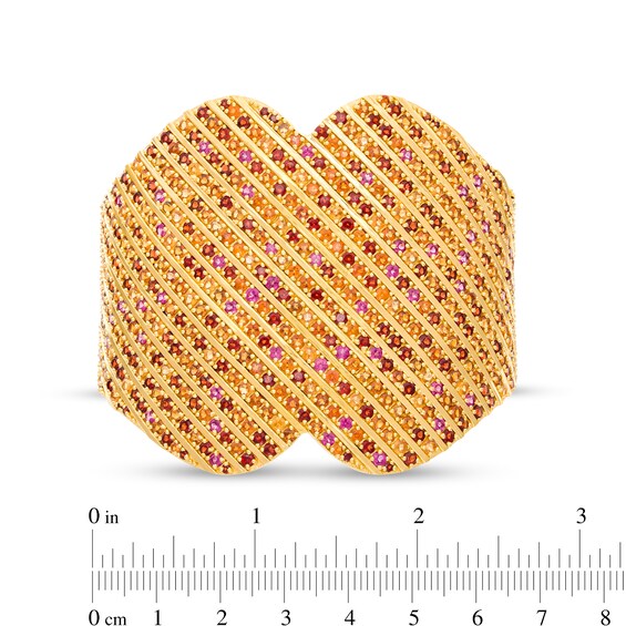 Orange and Red Garnet with Rhodolite Garnet Multi-Row Slant Heart Cuff in Sterling Silver with 14K Gold Plate