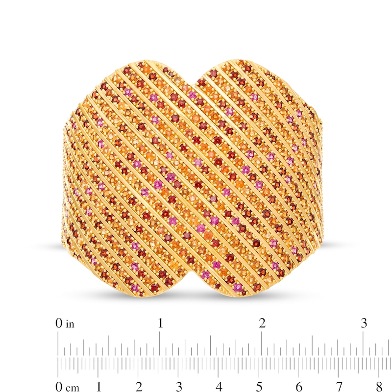 Main Image 4 of Orange and Red Garnet with Rhodolite Garnet Multi-Row Slant Heart Cuff in Sterling Silver with 14K Gold Plate