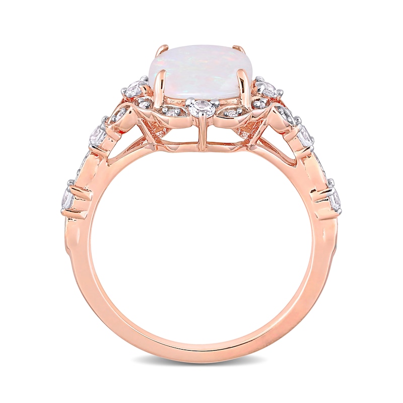 8.0mm Cushion-Cut Opal, White Sapphire and 1/20 CT. T.W. Diamond Ornate Frame Vintage-Style Ring in 10K Rose Gold