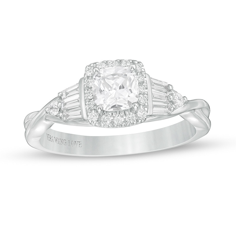Main Image 1 of Vera Wang Love Collection 3/4 CT. T.W. Cushion-Cut Diamond Twist Shank Engagement Ring in 14K White Gold