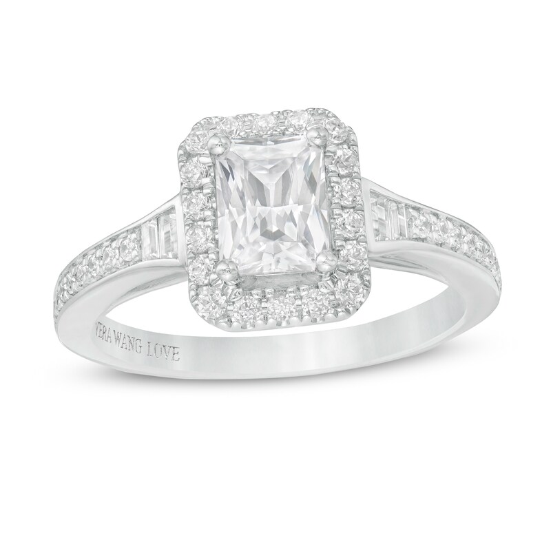 Main Image 1 of Vera Wang Love Collection 1-1/3 CT. T.W. Certified Emerald-Cut Diamond Frame Engagement Ring in 14K White Gold (I/SI2)