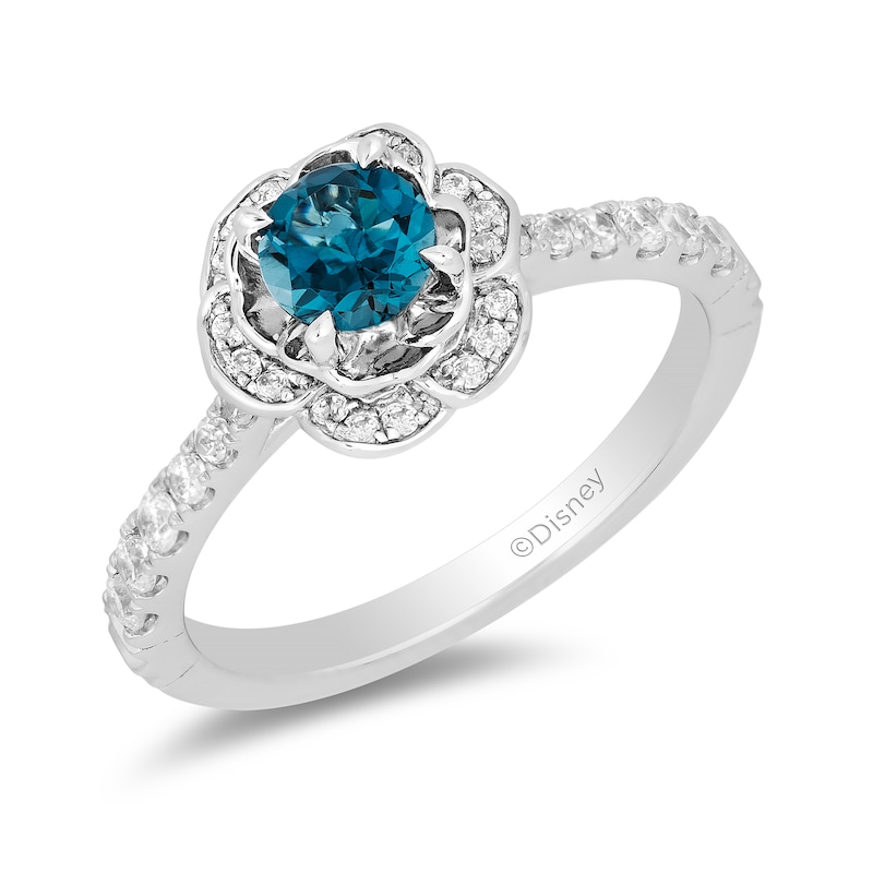 Main Image 1 of Enchanted Disney Cinderella 5.0mm London Blue Topaz and 1/3 CT. T.W. Diamond Frame Engagement Ring in 14K White Gold