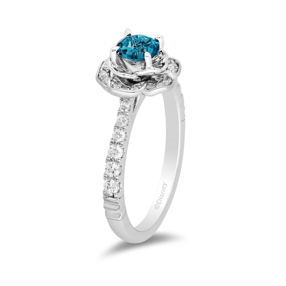 Enchanted Disney Cinderella 5.0mm London Blue Topaz and 1/3 CT. T.w. Diamond Frame Engagement Ring in 14K White Gold