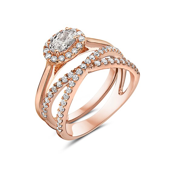 1 CT. T.W. Oval Diamond Sideways Frame Criss-Cross Bridal Set in 14K Rose Gold 1 CT. T.W. Oval Diamond Sideways Frame Criss-Cross Bridal Set in 14K Rose Gold