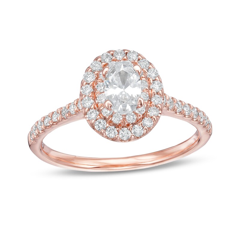 Main Image 1 of 7/8 CT. T.W. Oval Diamond Double Frame Engagement Ring in 10K Rose Gold