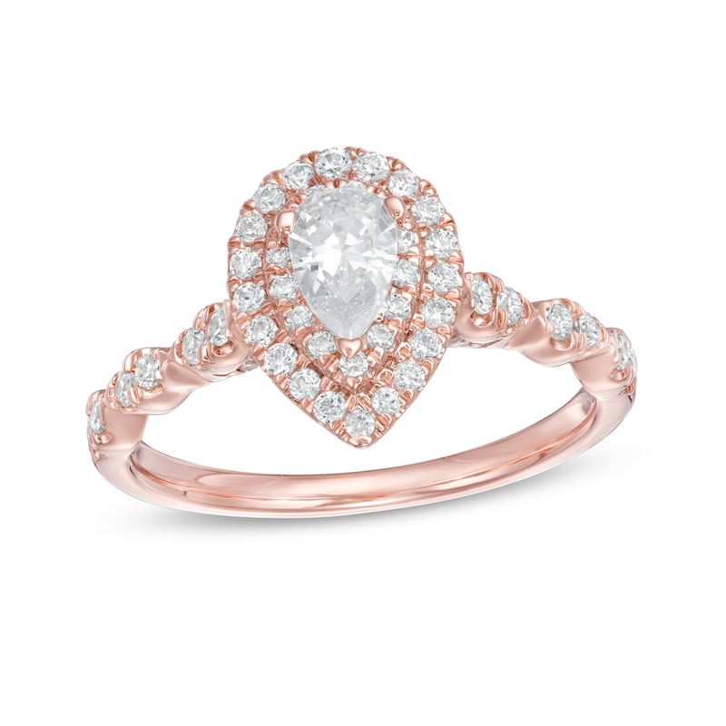 1 CT. T.W. Pear-Shaped Diamond Double Frame Scallop Shank Engagement Ring in 10K Rose Gold