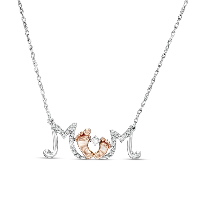 Main Image 1 of Diamond Accent &quot;Mom&quot; with Baby Feet Necklace in Sterling Silver and 10K Rose Gold