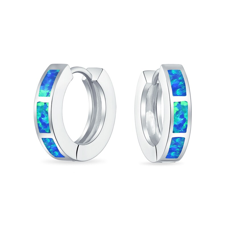 Lab-Created Blue Opal Bar Trio Huggie Hoop Earrings in Sterling Silver