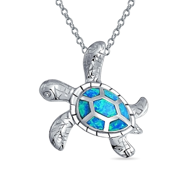 Main Image 1 of Lab-Created Blue Opal Sea Turtle Pendant in Sterling Silver