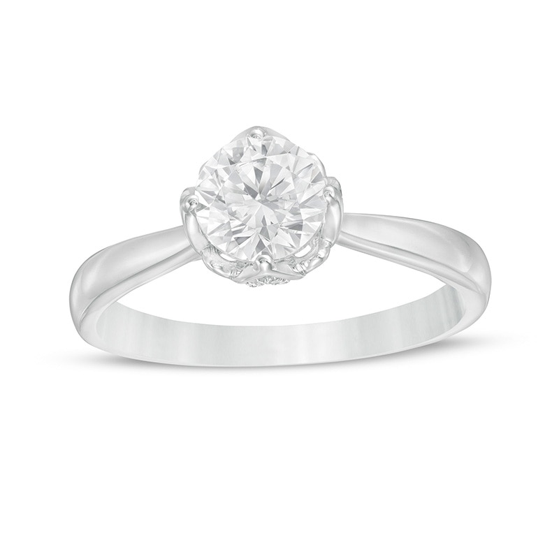 1 CT. T.W. Certified Diamond Scallop Frame Floral Engagement Ring in 14K White Gold (I/I2)