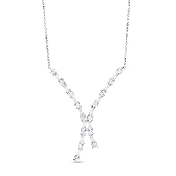 1 CT. T.w. Baguette and Round Diamond Double Curved Necklace in 10K White Gold â 17"