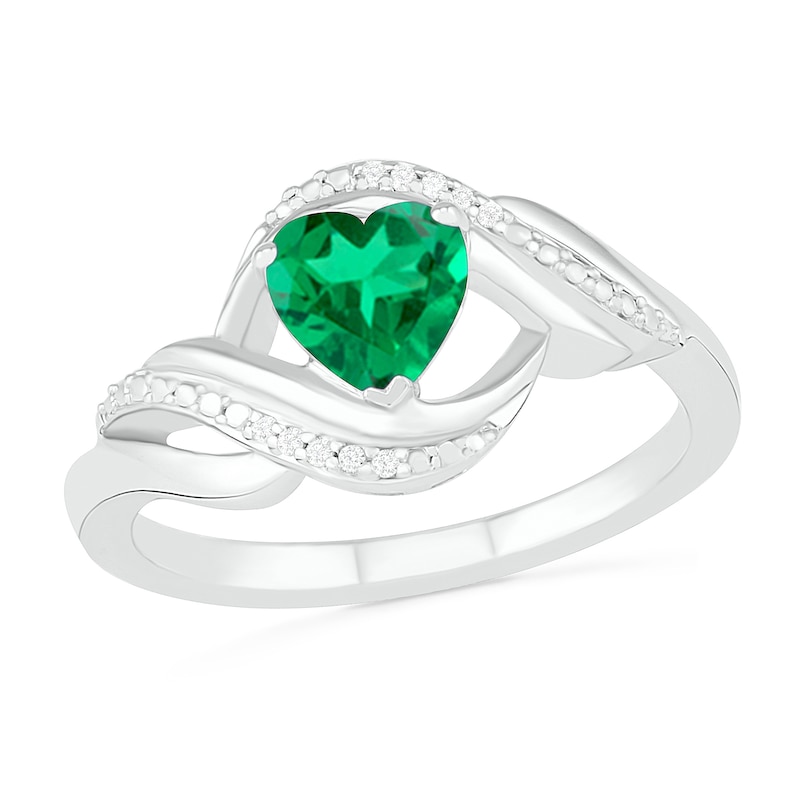 Heart-Shaped Lab-Created Emerald and Diamond Accent Ribbon Ring in Sterling Silver