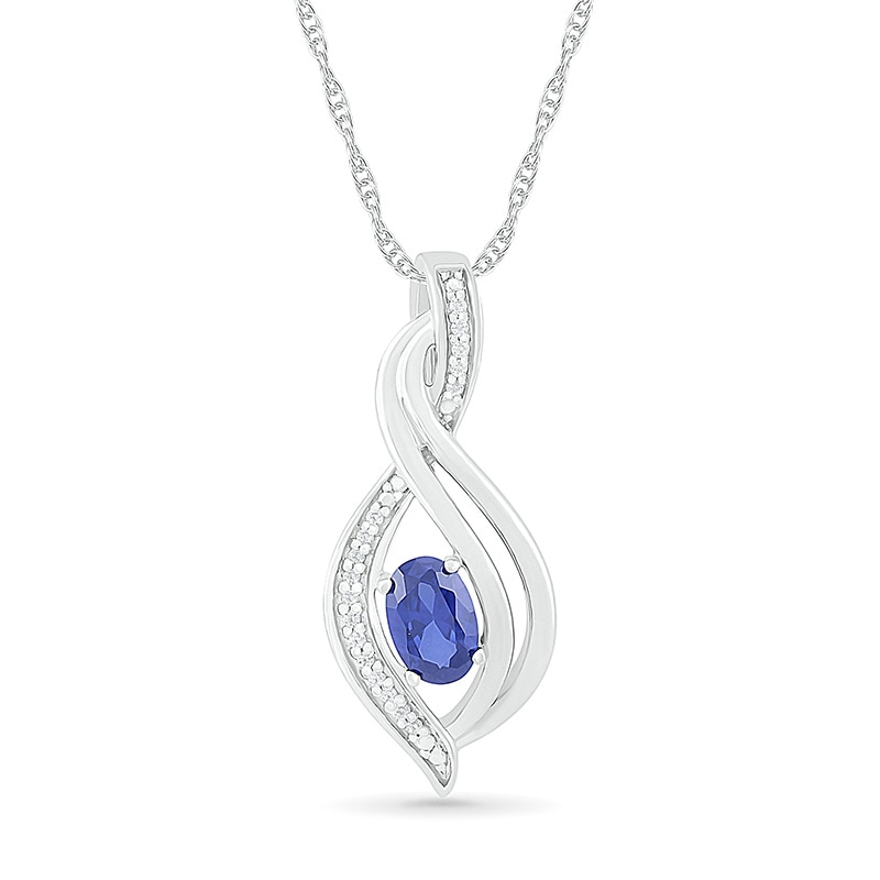 Oval Blue Lab-Created Sapphire and 1/20 CT. T.W. Diamond Flame Drop Pendant in Sterling Silver