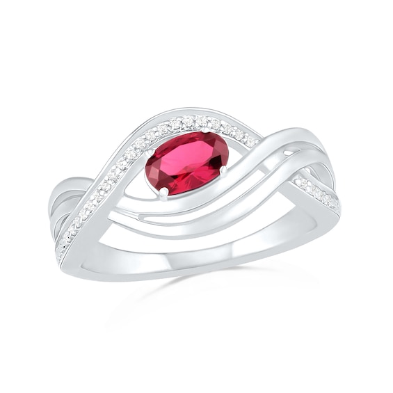 Sideways Oval Lab-Created Ruby and 1/15 CT. T.W. Diamond Multi-Row Bypass Split Shank Ring in Sterling Silver Sideways Oval Lab-Created Ruby and 1/15 CT. T.W. Diamond Multi-Row Bypass Split Shank Ring in Sterling Silver