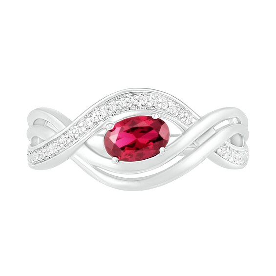 Sideways Oval Lab-Created Ruby and 1/15 CT. T.W. Diamond Multi-Row Bypass Split Shank Ring in Sterling Silver Sideways Oval Lab-Created Ruby and 1/15 CT. T.W. Diamond Multi-Row Bypass Split Shank Ring in Sterling Silver